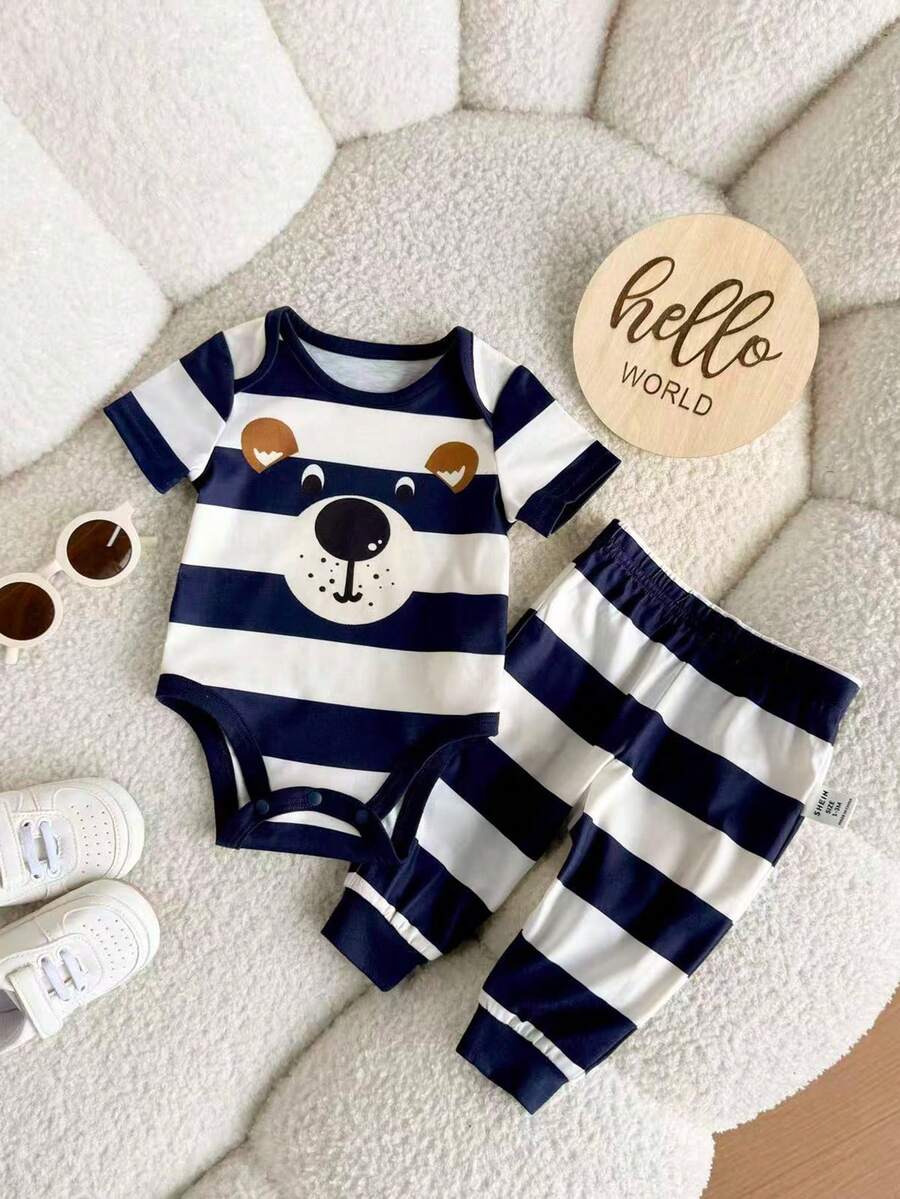 6pcs Baby Romper and Pants Set with Colorblock Stripes and Star Pattern for Spring and Summer
