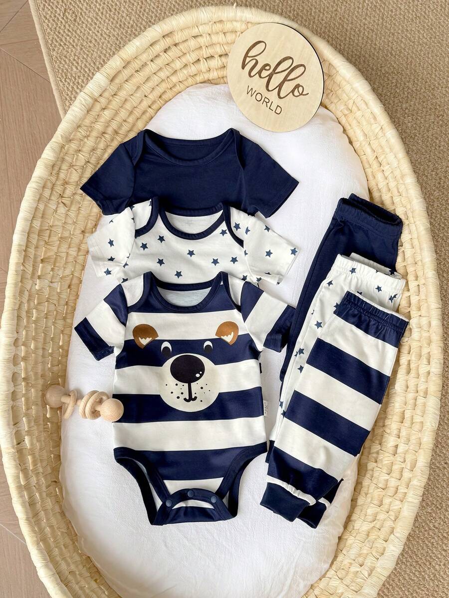 6pcs Baby Romper and Pants Set with Colorblock Stripes and Star Pattern for Spring and Summer