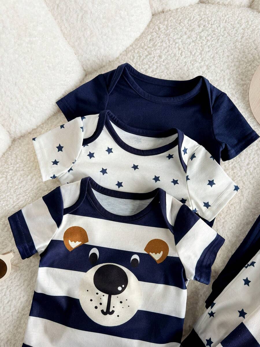 6pcs Baby Romper and Pants Set with Colorblock Stripes and Star Pattern for Spring and Summer
