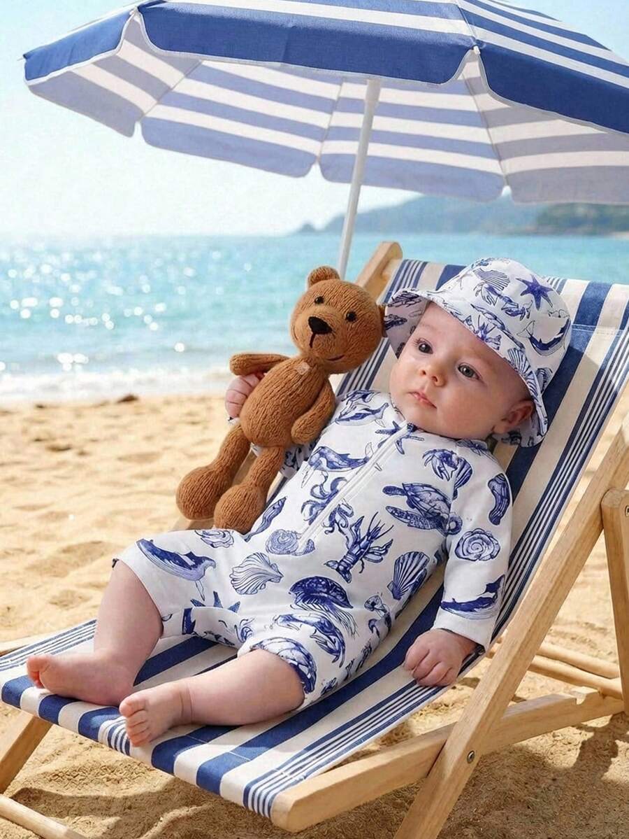 Baby Striped Dolphin Print One-Piece Swimsuit for Beach Vacation and Pool Days