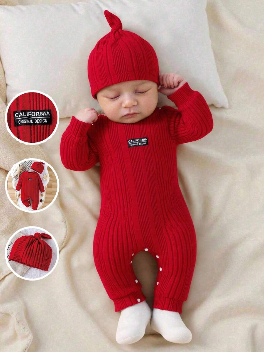 Baby Ribbed Knit Long Sleeve Jumpsuit Set with Matching Hat for Daily Wear
