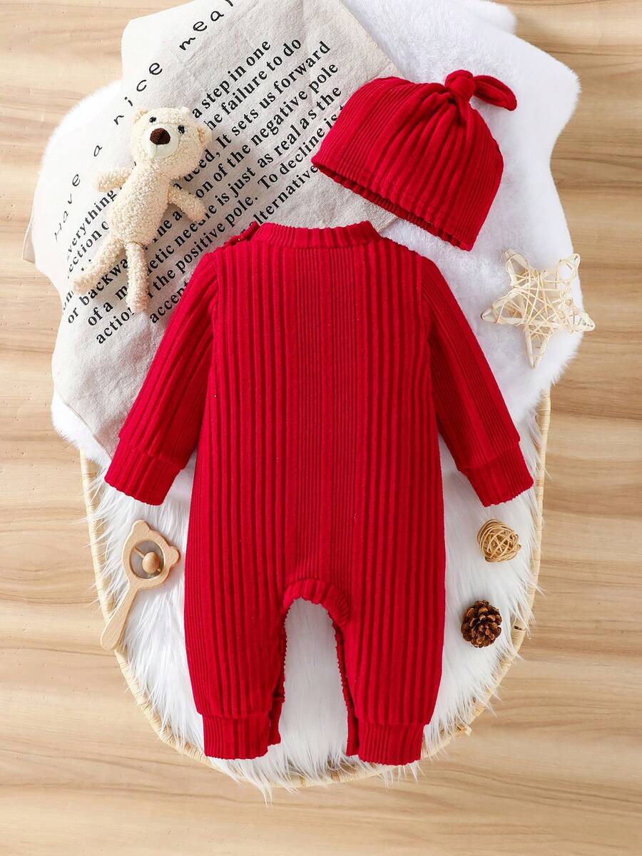 Baby Ribbed Knit Long Sleeve Jumpsuit Set with Matching Hat for Daily Wear