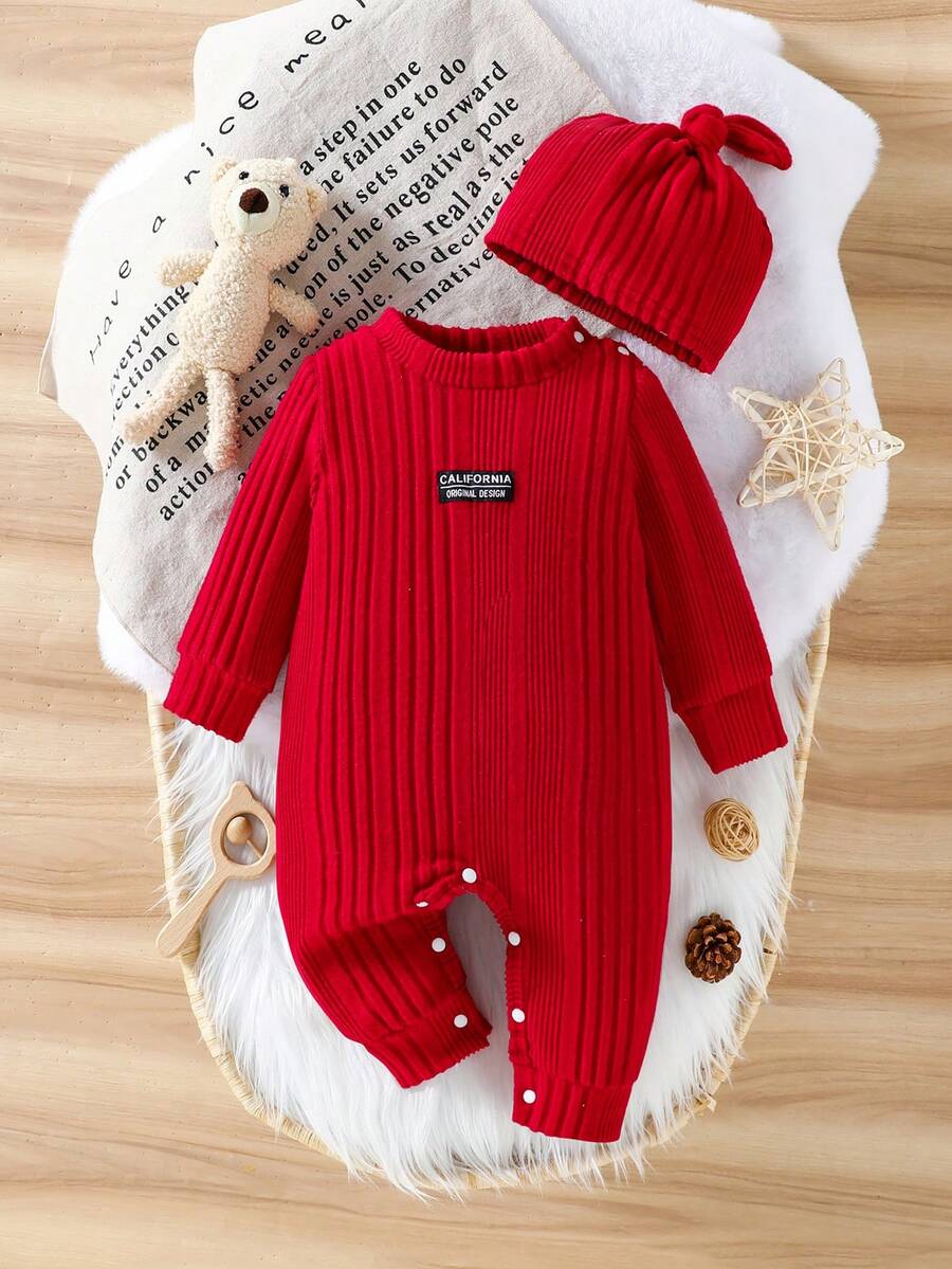 Baby Ribbed Knit Long Sleeve Jumpsuit Set with Matching Hat for Daily Wear
