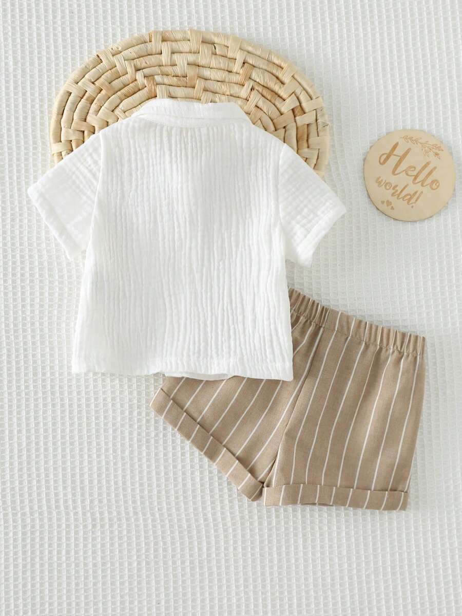 Baby Boy 2pcs Knit Jacquard Summer Set - Short Sleeve Shirt & Elastic Shorts