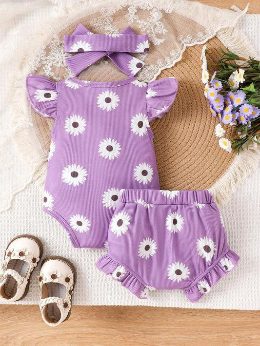 2PCS Baby Girl Cute Print Romper and Shorts Set for Summer Daily Wear