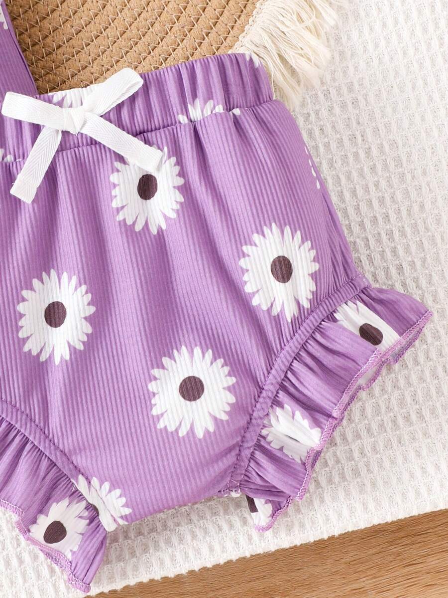 2PCS Baby Girl Cute Print Romper and Shorts Set for Summer Daily Wear