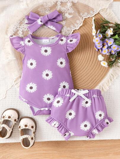 2PCS Baby Girl Cute Print Romper and Shorts Set for Summer Daily Wear