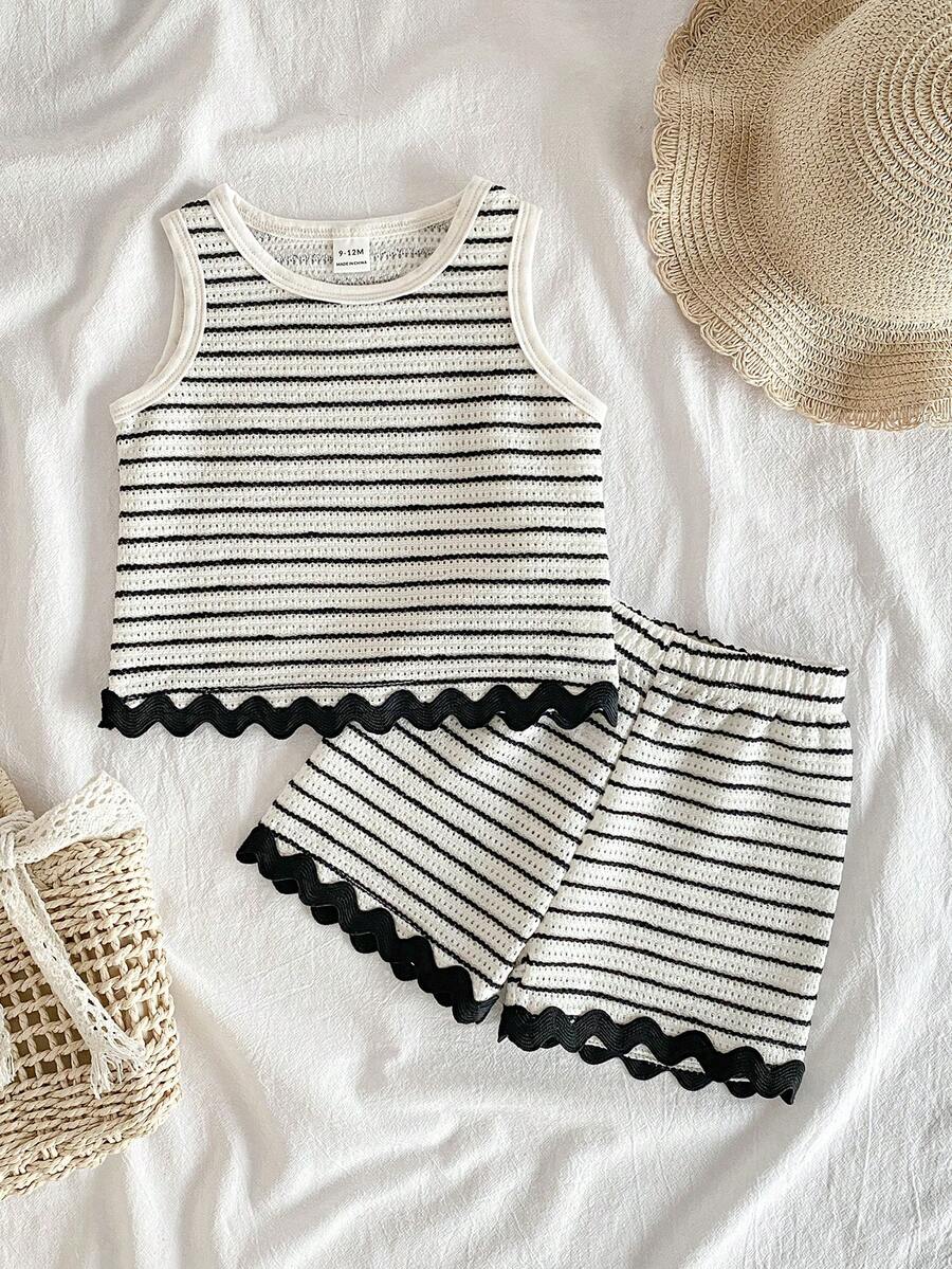 Two Piece Summer Clothing Set For Kids Girls Floral Knit Top And Shorts