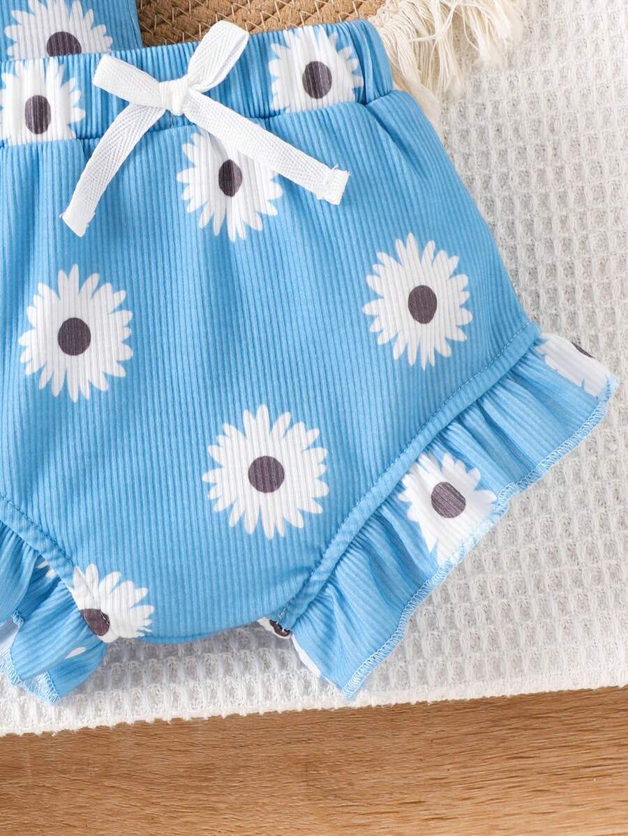 2PCS Baby Girl Cute Print Romper and Shorts Set for Summer Daily Wear