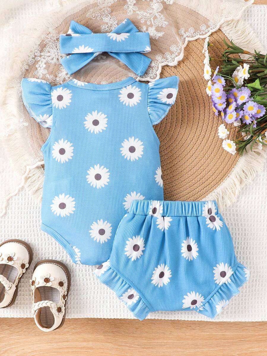 2PCS Baby Girl Cute Print Romper and Shorts Set for Summer Daily Wear
