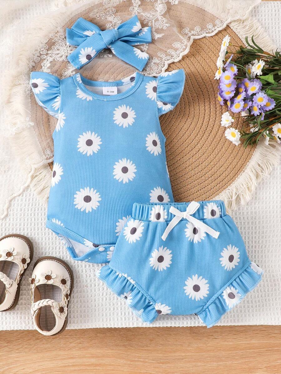 2PCS Baby Girl Cute Print Romper and Shorts Set for Summer Daily Wear