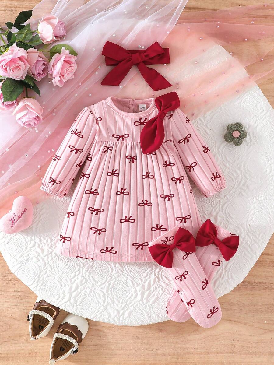 3PCS Baby Dress Gift Set with Bow Headband and Socks for Cute Daily Wear