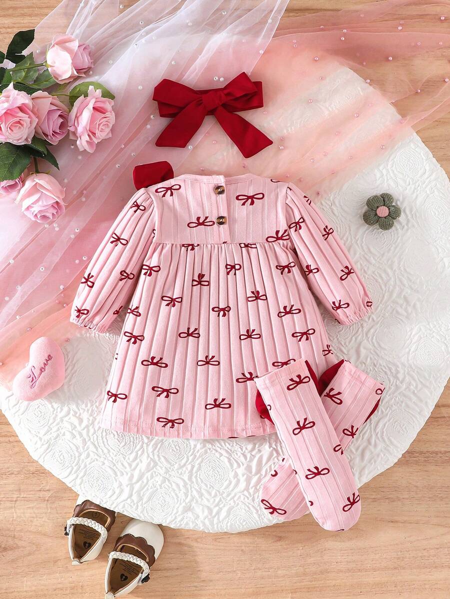 3PCS Baby Dress Gift Set with Bow Headband and Socks for Cute Daily Wear