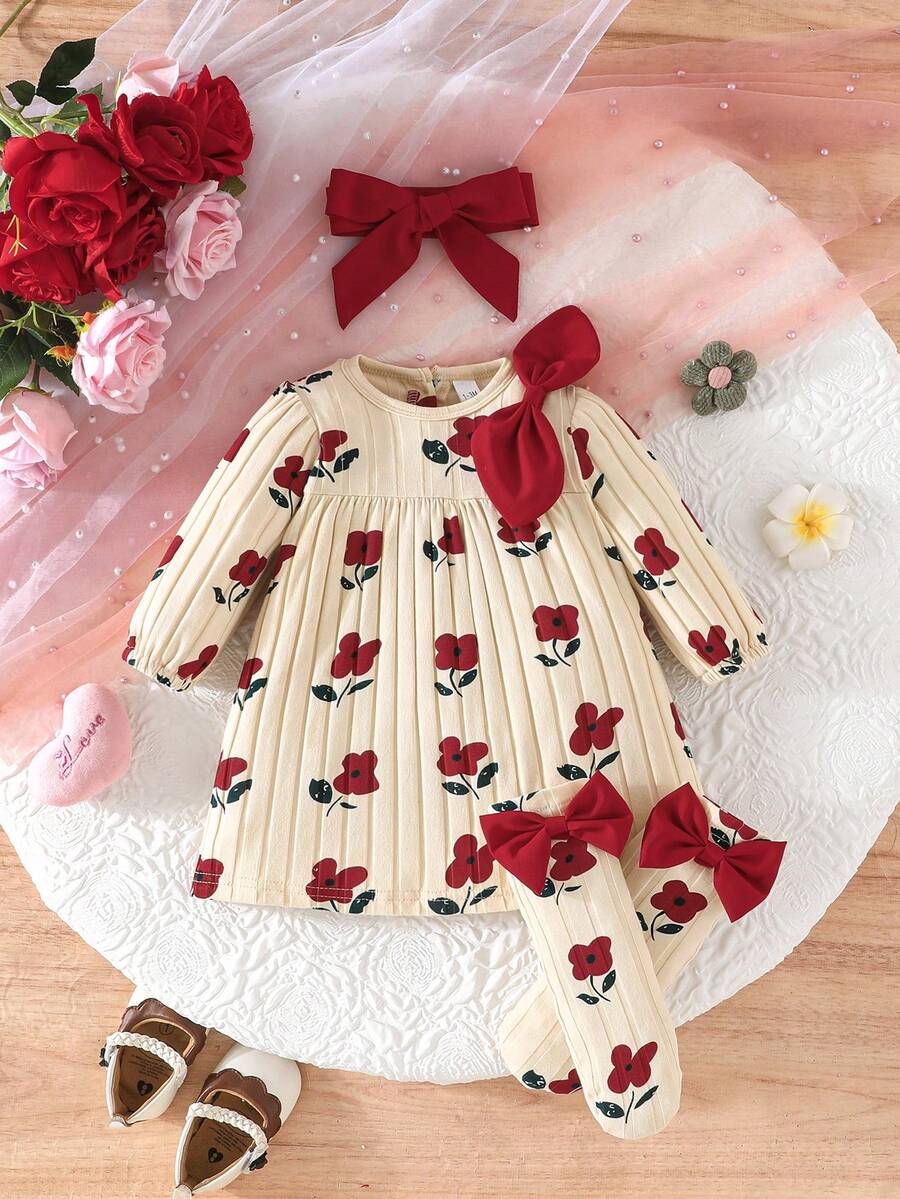 3PCS Baby Dress Gift Set with Bow Headband and Socks for Cute Daily Wear