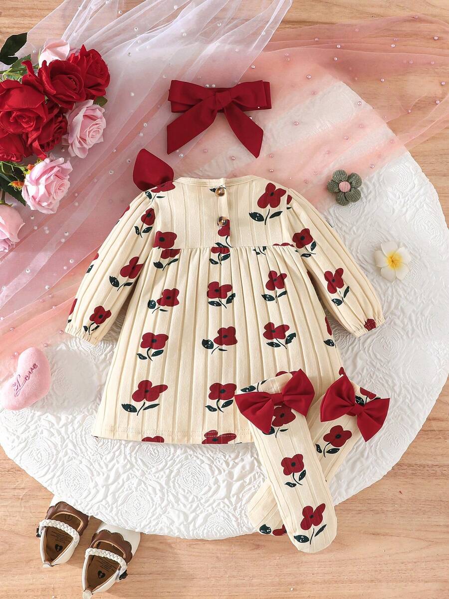 3PCS Baby Dress Gift Set with Bow Headband and Socks for Cute Daily Wear