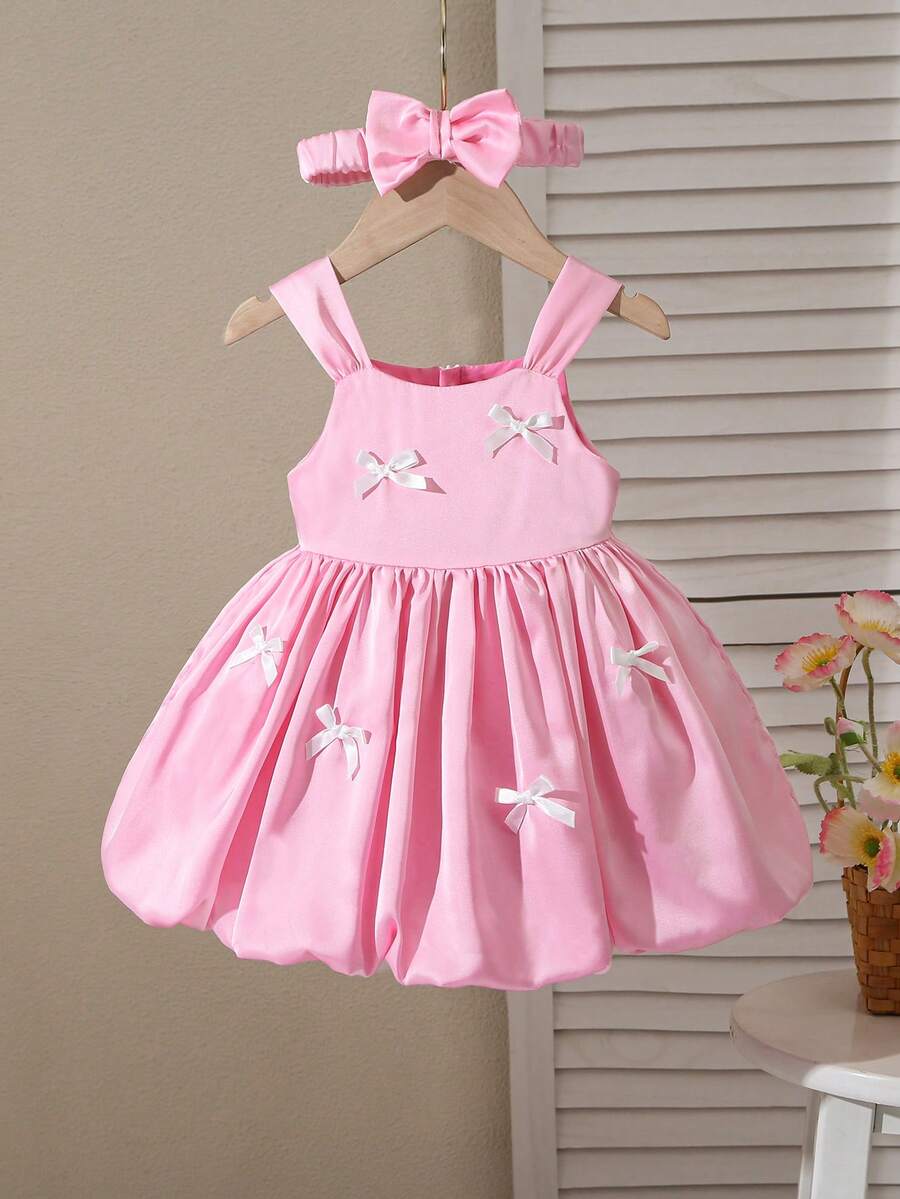 Baby Girl Pink Satin Bow Party Dress - Princess Elegant Style with Headband