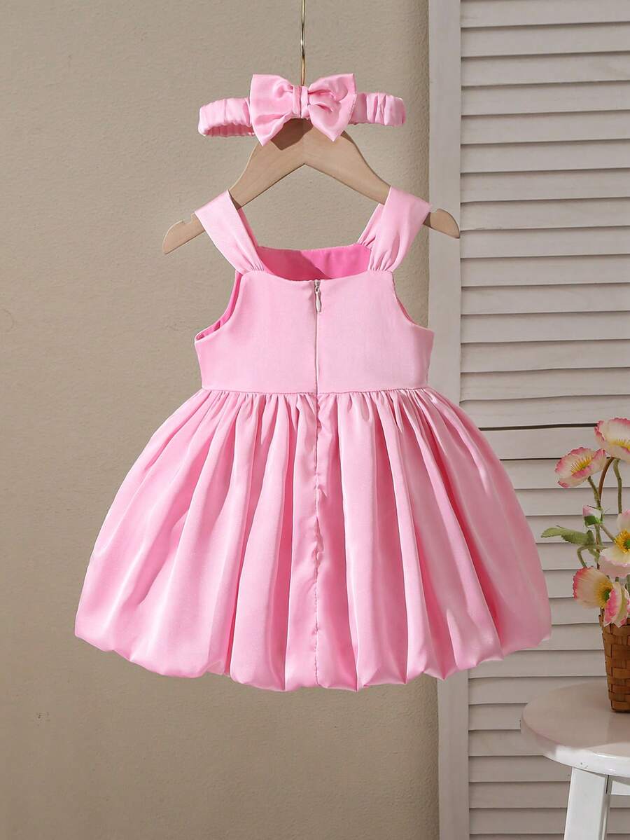 Baby Girl Pink Satin Bow Party Dress - Princess Elegant Style with Headband
