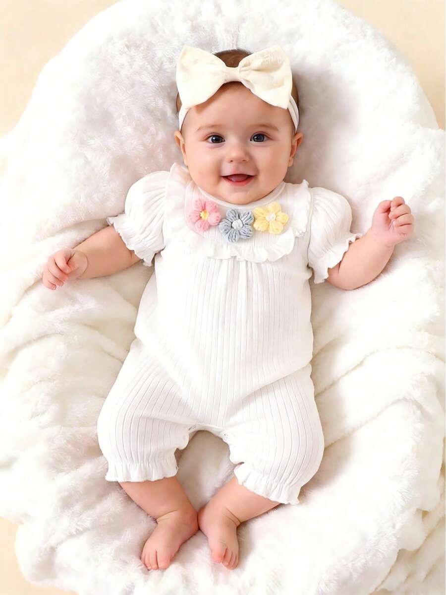 Baby Embroidered Bubble Sleeve Jumpsuit Shorts for Cute Summer Daily Wear
