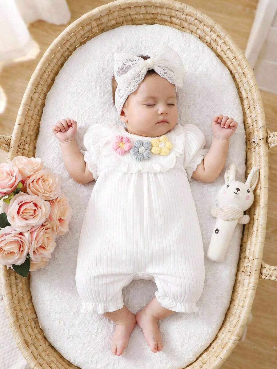 Baby Embroidered Bubble Sleeve Jumpsuit Shorts for Cute Summer Daily Wear