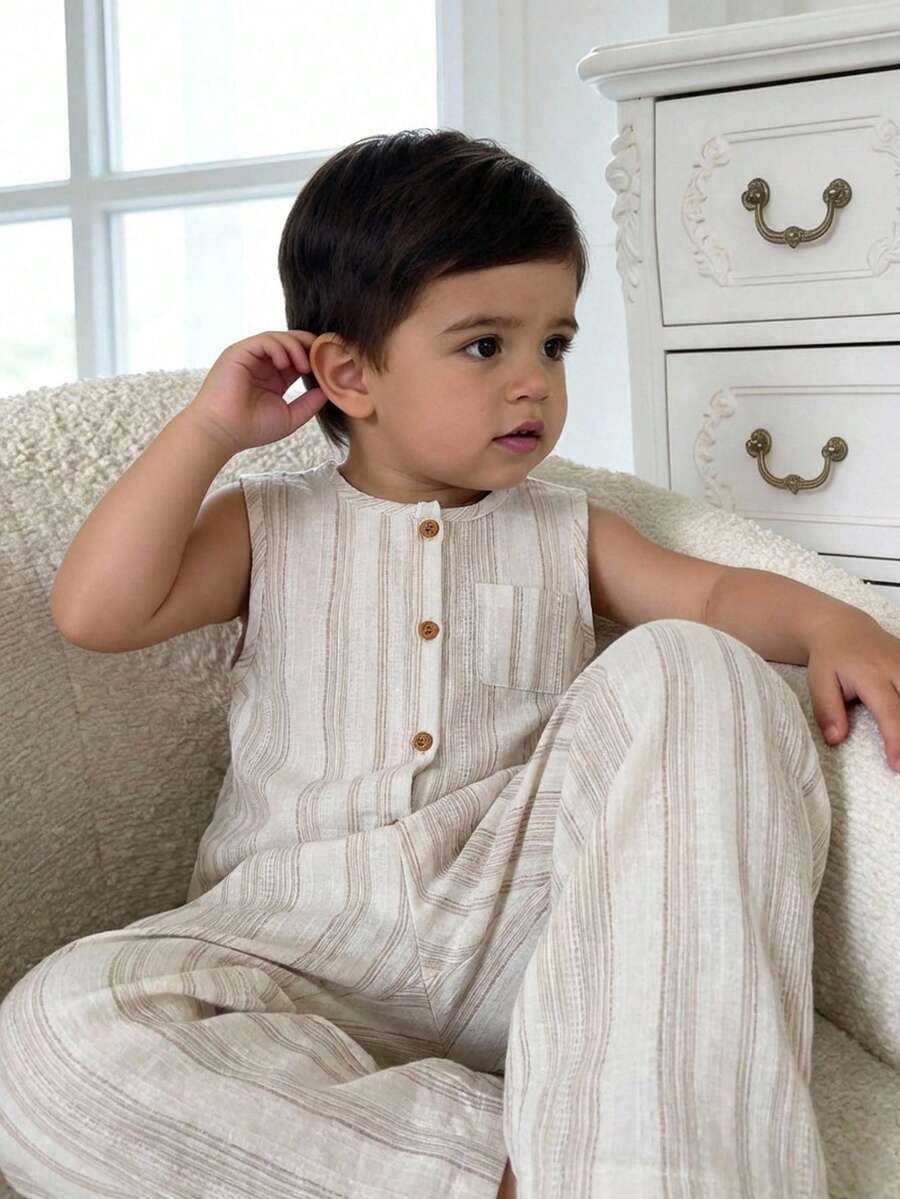 Unisex Newborn Baby Apricot Striped Sleeveless Romper Casual Spring Summer Vacation Outfit