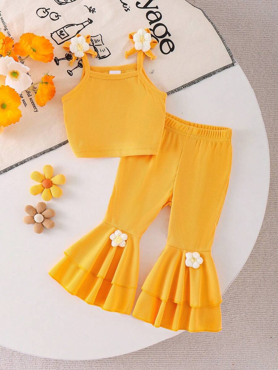 Sweet Floral Print Camisole and Layered Ruffle Pants Set for Toddler Girls