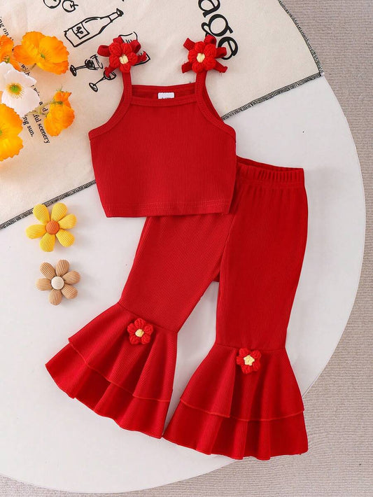 Sweet Floral Print Camisole and Layered Ruffle Pants Set for Toddler Girls