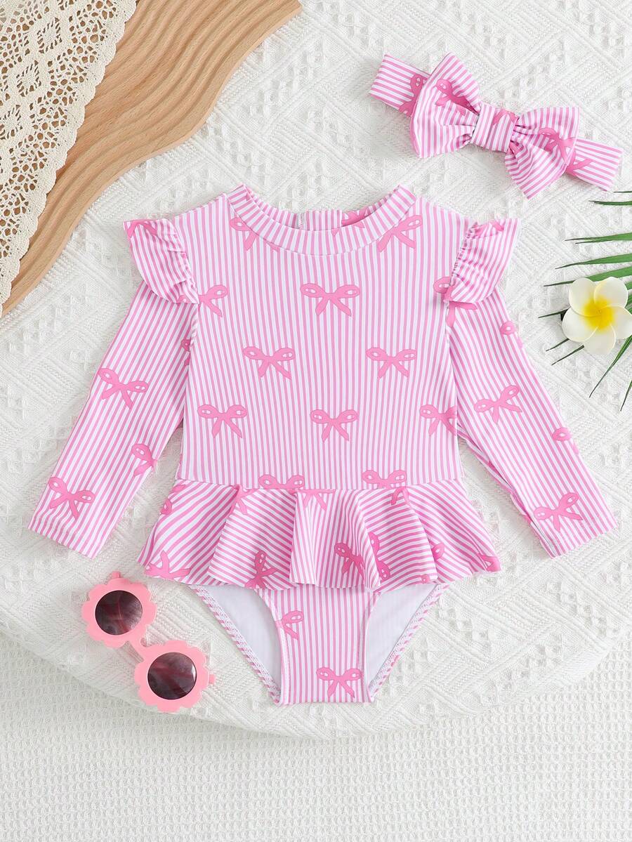 Little Girls Floral Ruffle Swimwear And Matching Headband Summer Vacation Outfit