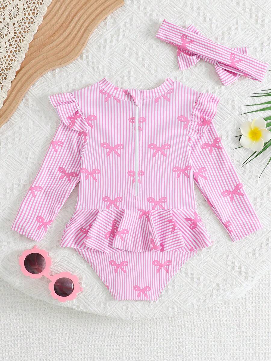 Little Girls Floral Ruffle Swimwear And Matching Headband Summer Vacation Outfit