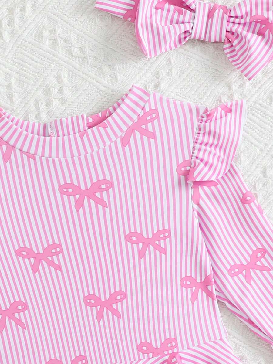 Little Girls Floral Ruffle Swimwear And Matching Headband Summer Vacation Outfit