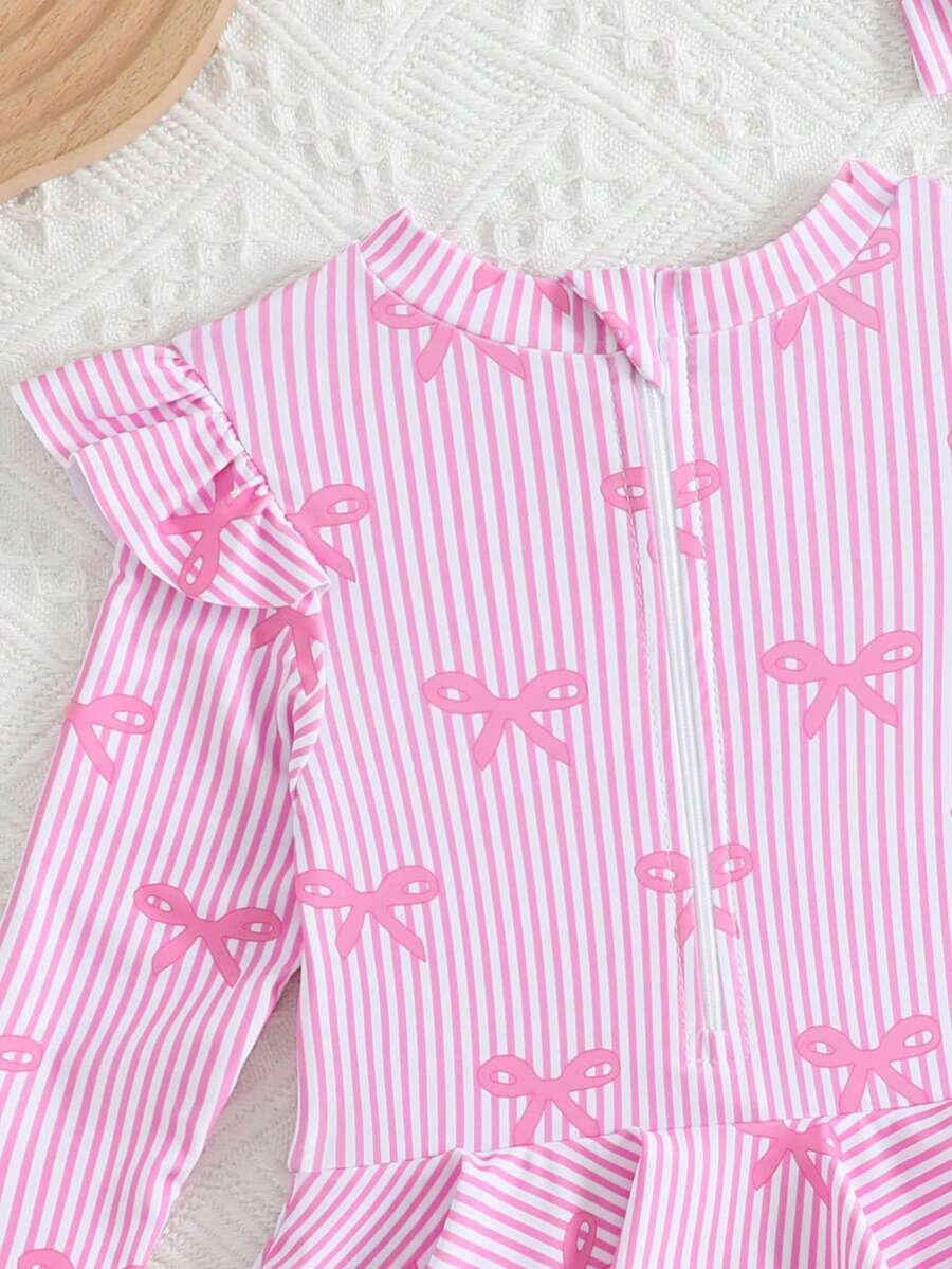 Little Girls Floral Ruffle Swimwear And Matching Headband Summer Vacation Outfit