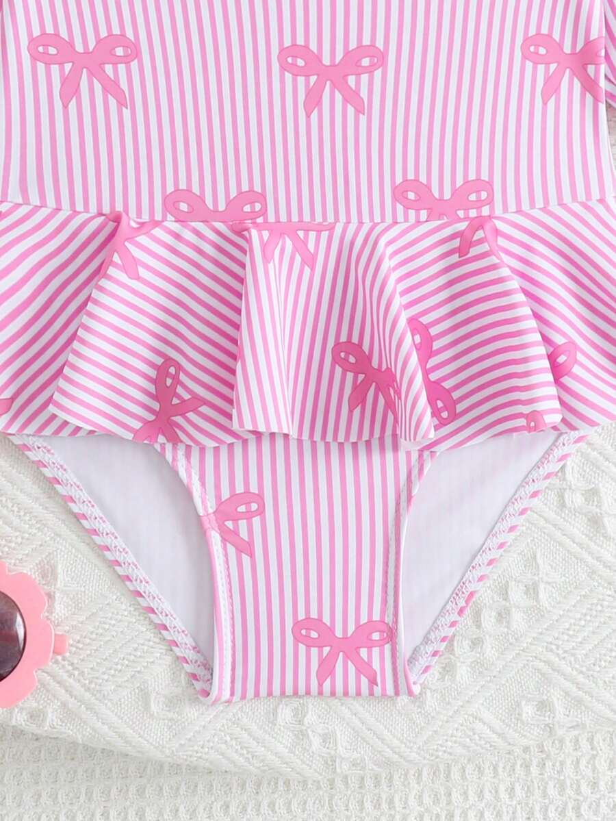 Little Girls Floral Ruffle Swimwear And Matching Headband Summer Vacation Outfit
