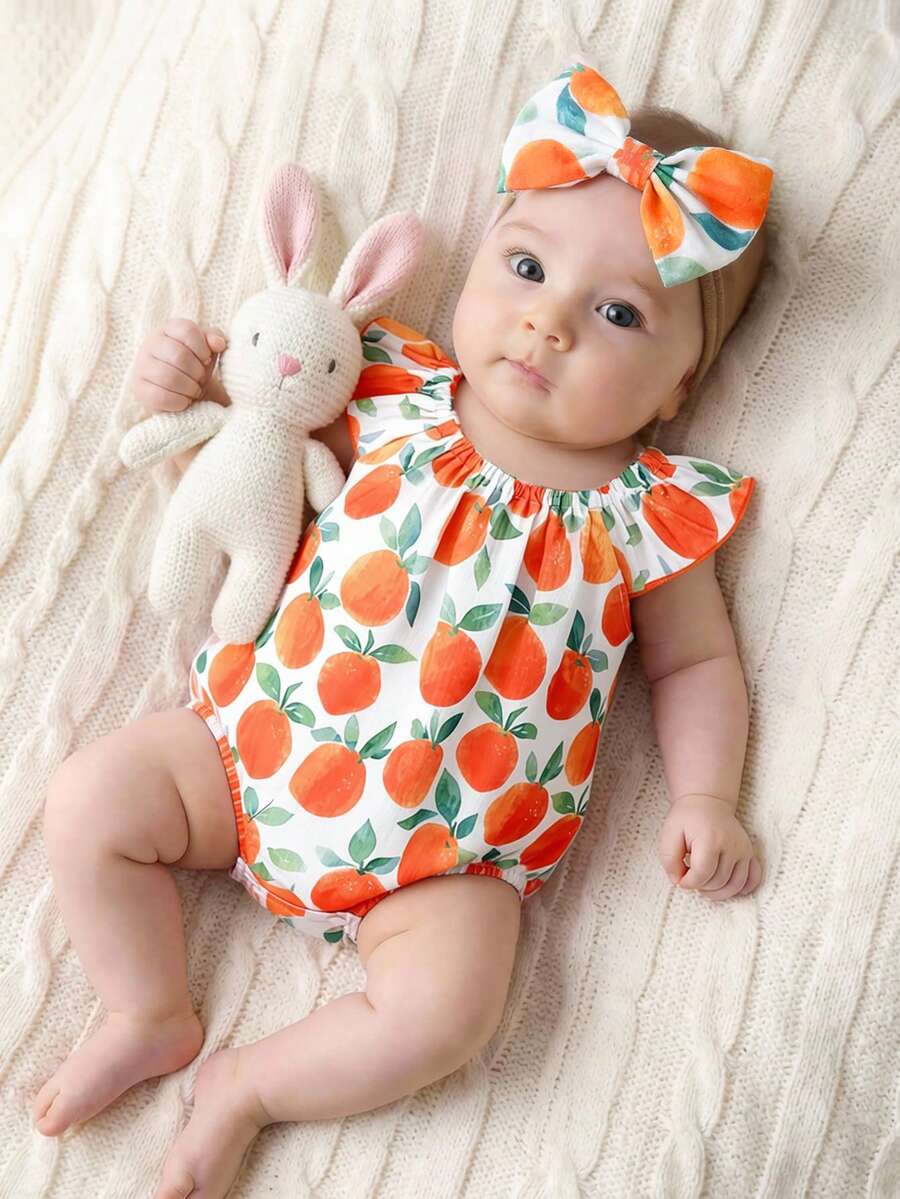 Lemon Print Ruffle Trim Bodysuit and Headband Set for Cute Summer Daily Wear