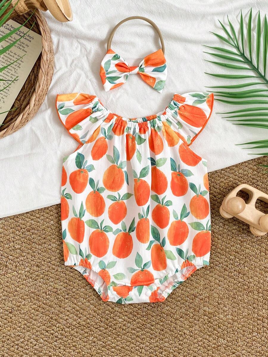 Lemon Print Ruffle Trim Bodysuit and Headband Set for Cute Summer Daily Wear