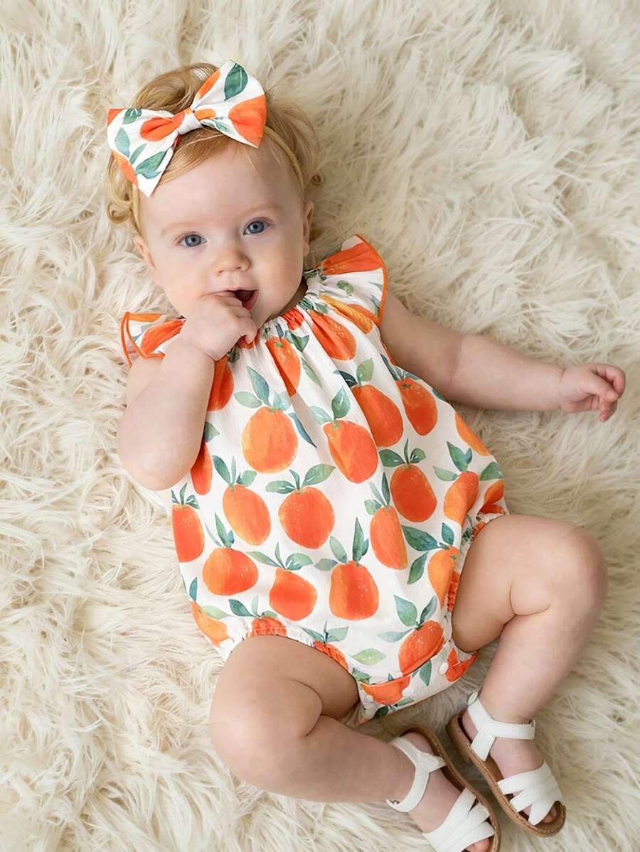 Lemon Print Ruffle Trim Bodysuit and Headband Set for Cute Summer Daily Wear