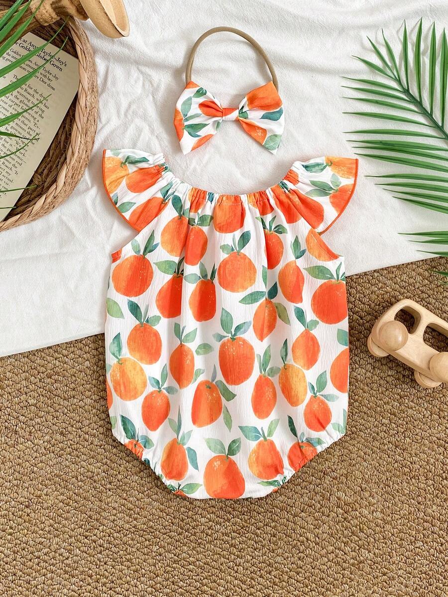 Lemon Print Ruffle Trim Bodysuit and Headband Set for Cute Summer Daily Wear