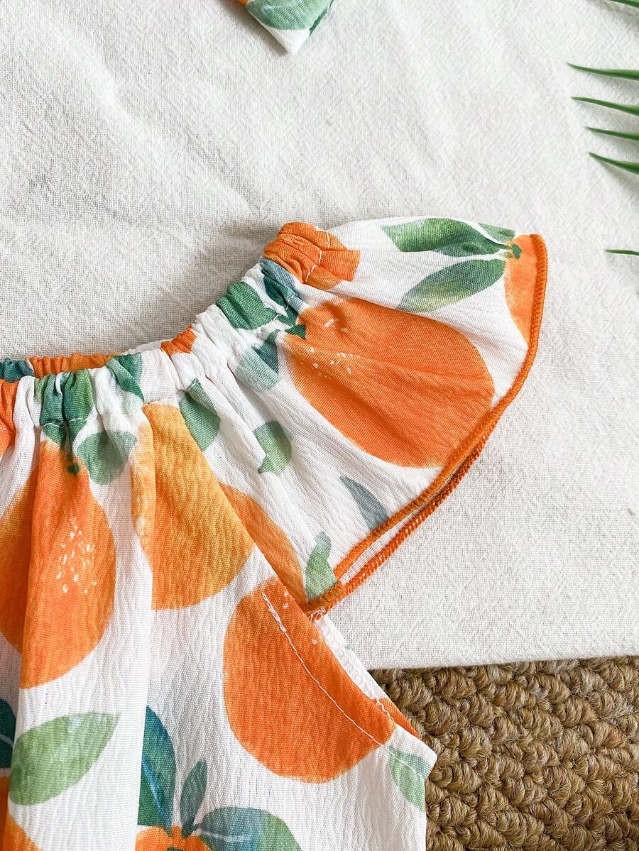 Baby Floral and Grass Print Ruffle Sleeve Romper with Headband for Summer Outings