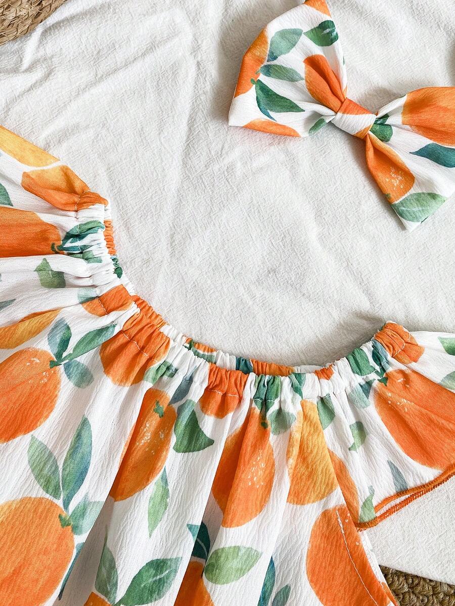 Lemon Print Ruffle Trim Bodysuit and Headband Set for Cute Summer Daily Wear