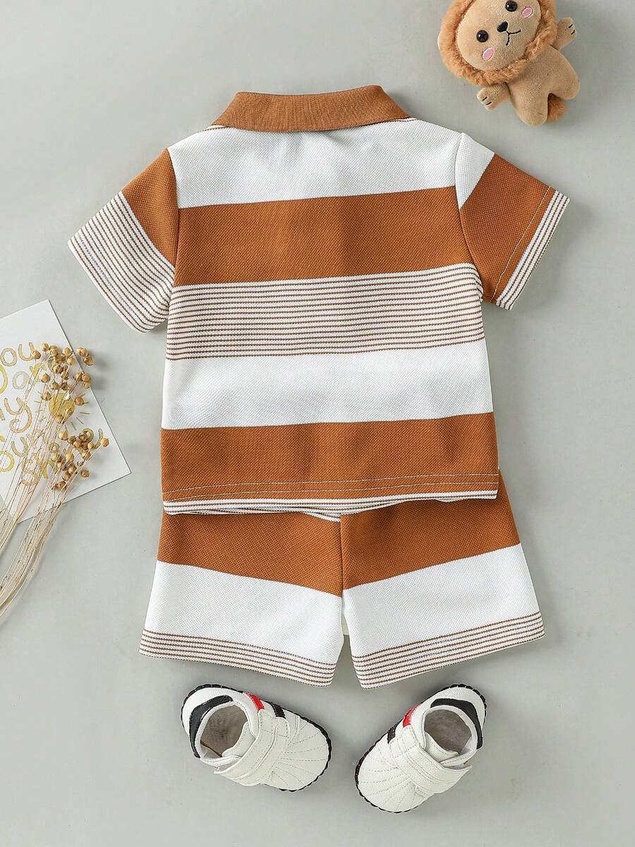 Infant Boys Casual Striped Short Sleeve Polo and Shorts Set with Bear Embroidery