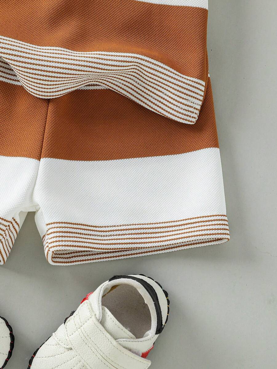 Infant Boys Casual Striped Short Sleeve Polo and Shorts Set with Bear Embroidery
