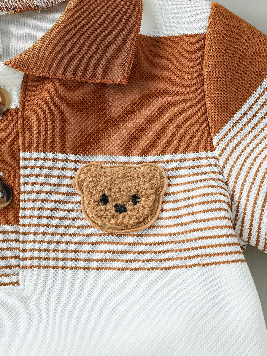 Infant Boys Casual Striped Short Sleeve Polo and Shorts Set with Bear Embroidery