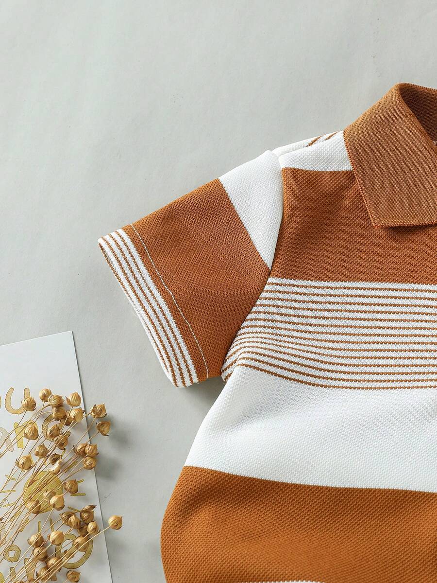 Infant Boys Casual Striped Short Sleeve Polo and Shorts Set with Bear Embroidery