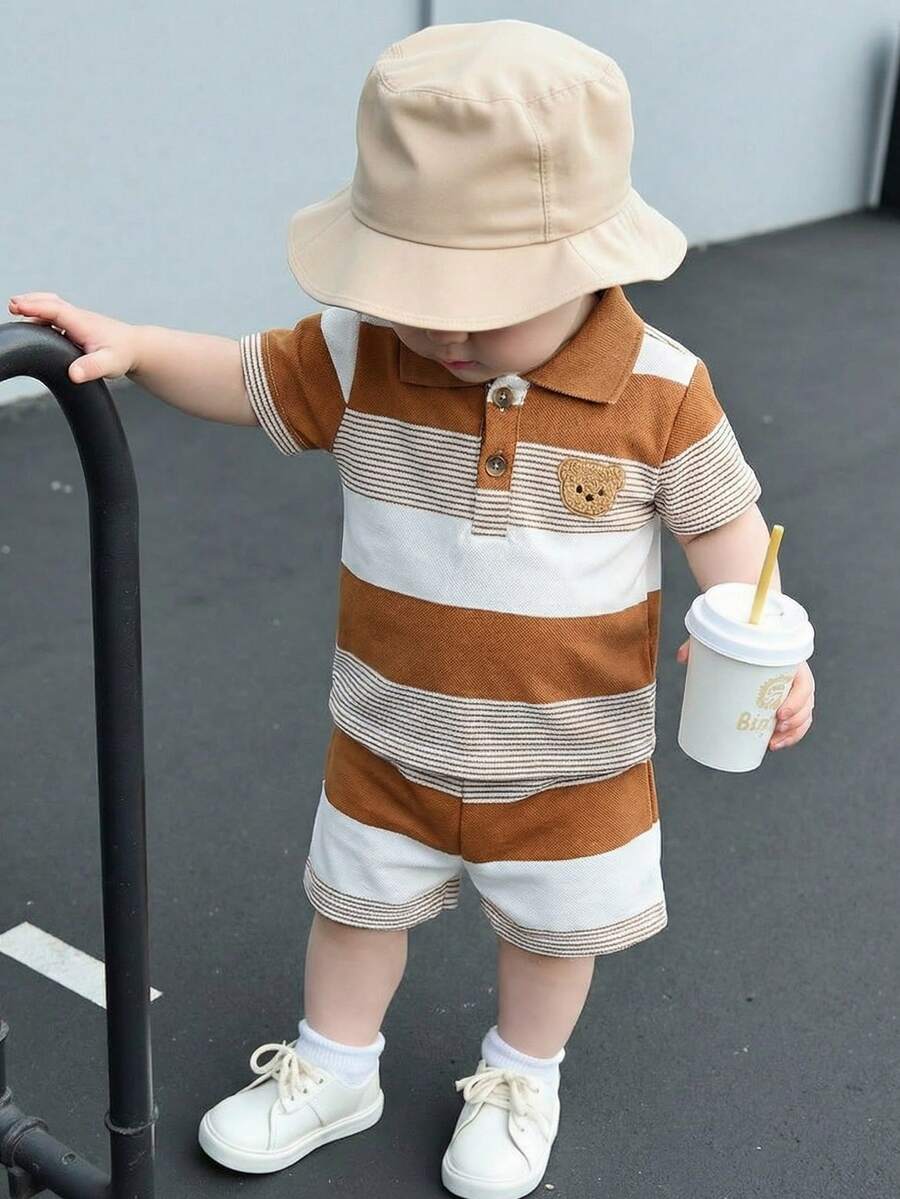 Infant Boys Casual Striped Short Sleeve Polo and Shorts Set with Bear Embroidery