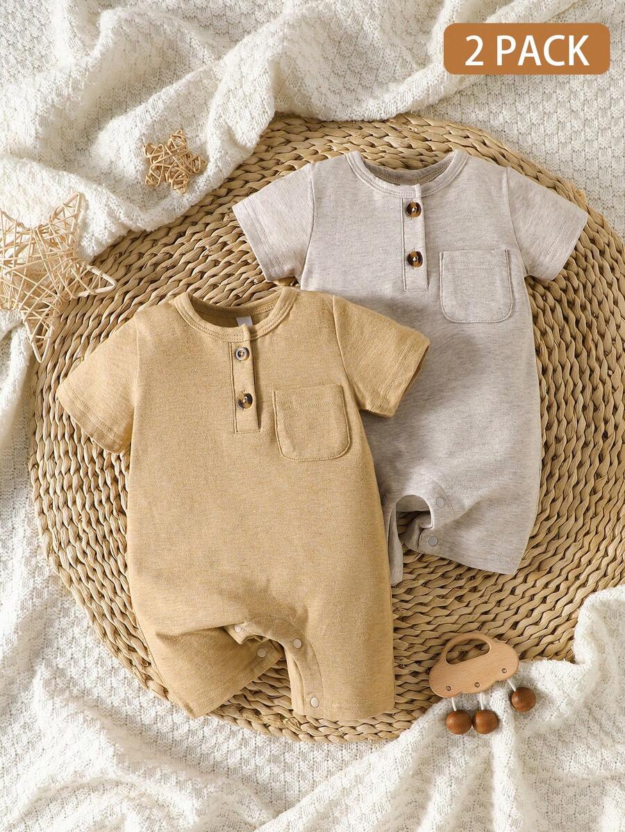 Unisex Baby 2pcs Solid Color Romper Set - Neutral Shortall for Boys and Girls