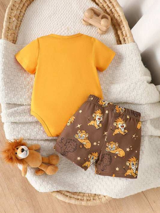 Baby Lion Print Romper and Shorts Set for Daily Wear and Photoshoots