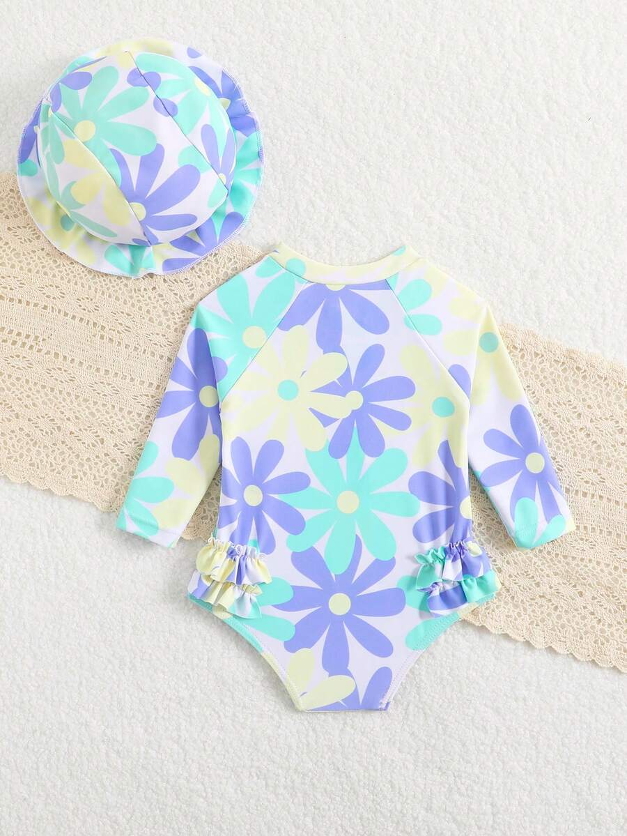 Baby Bow Print Long Sleeve One-Piece Swimsuit Set with Matching Swim Cap