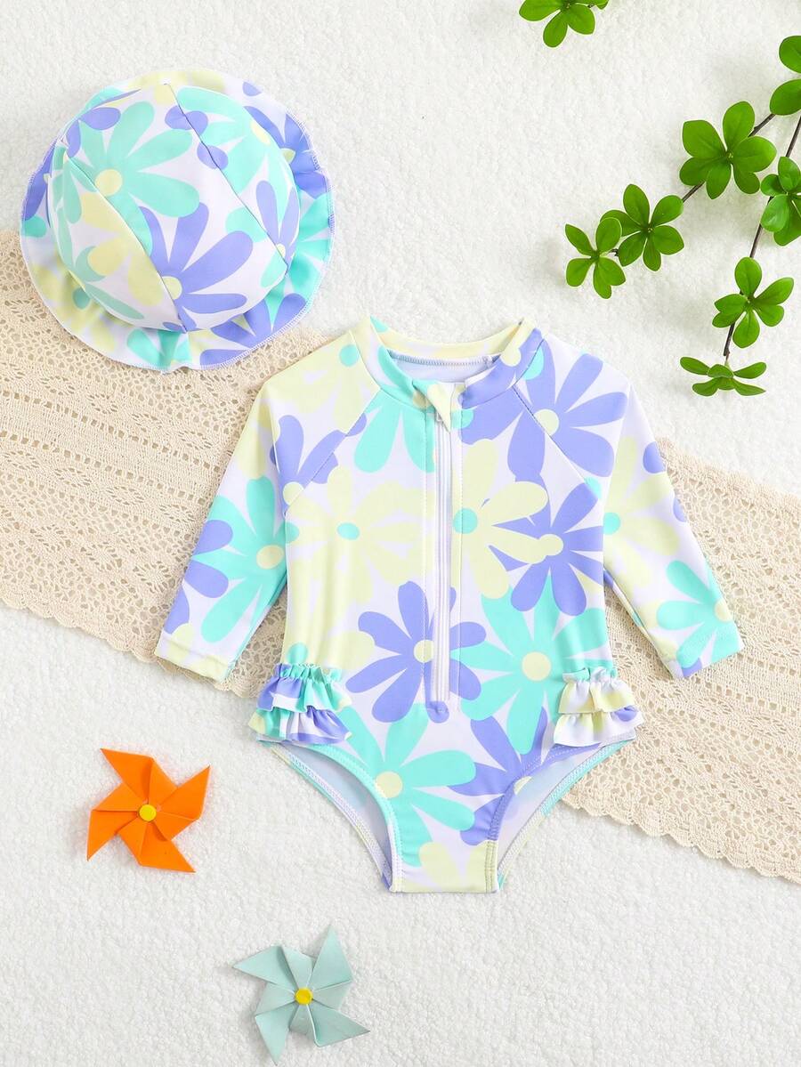Baby Bow Print Long Sleeve One-Piece Swimsuit Set with Matching Swim Cap