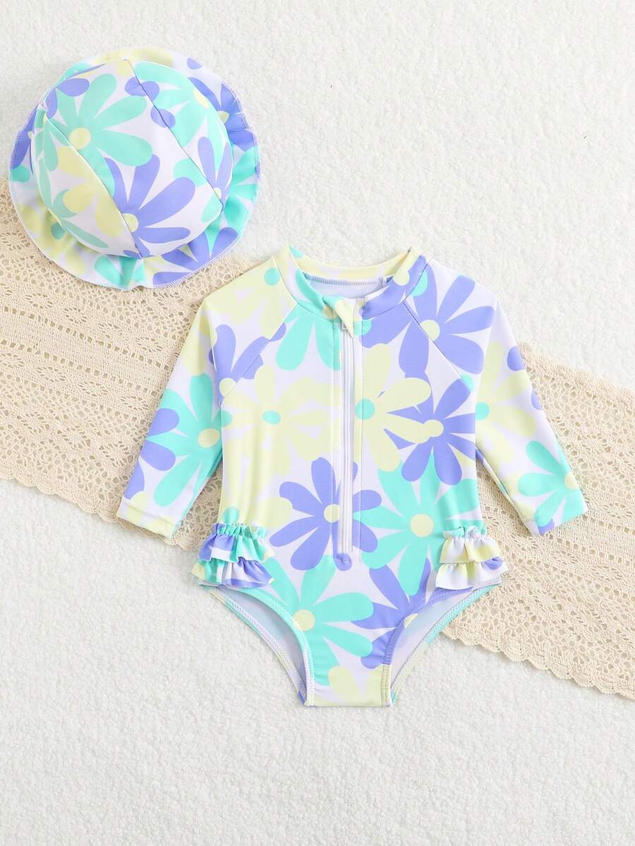 Baby Bow Print Long Sleeve One-Piece Swimsuit Set with Matching Swim Cap