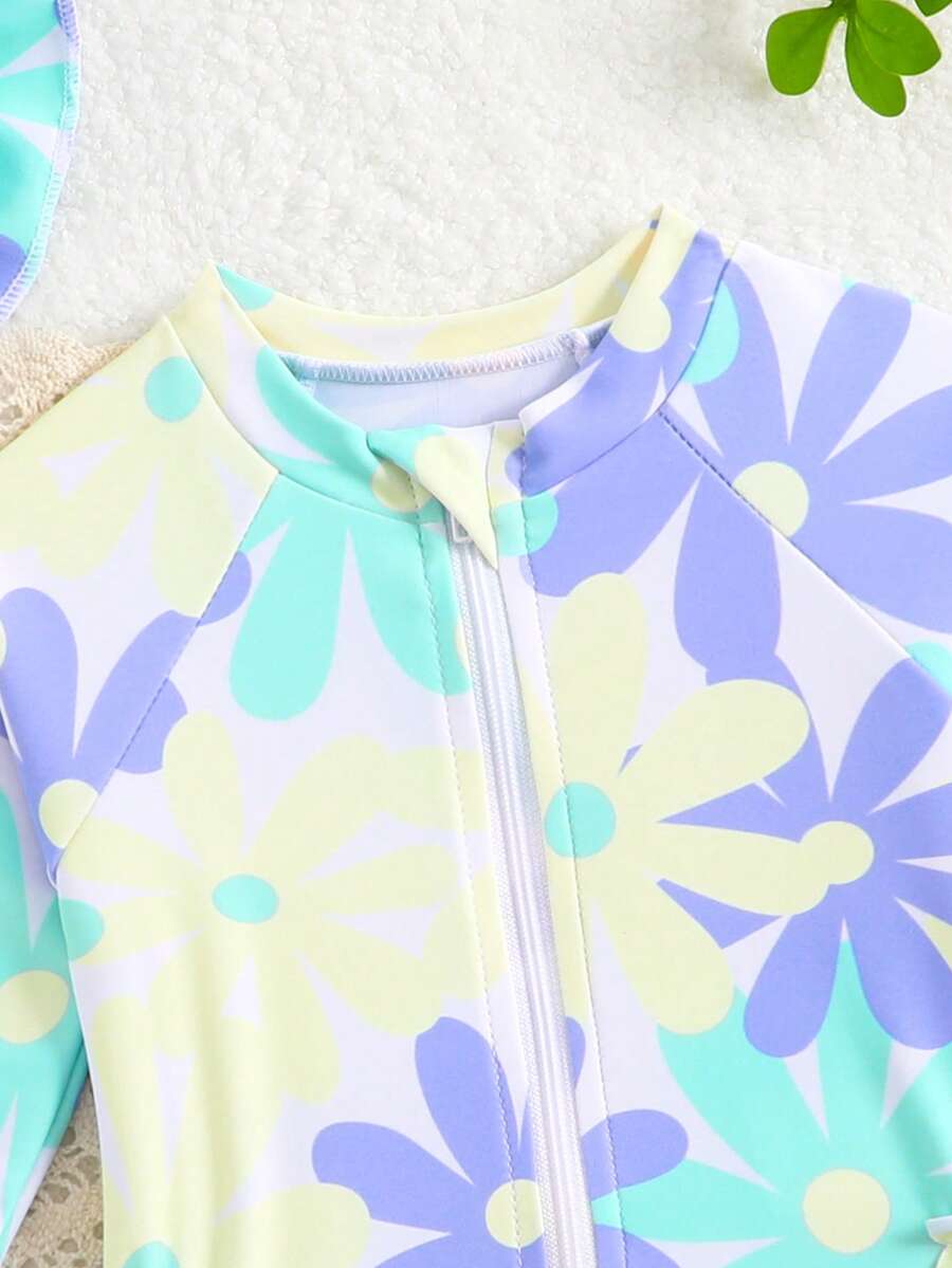 Baby Bow Print Long Sleeve One-Piece Swimsuit Set with Matching Swim Cap