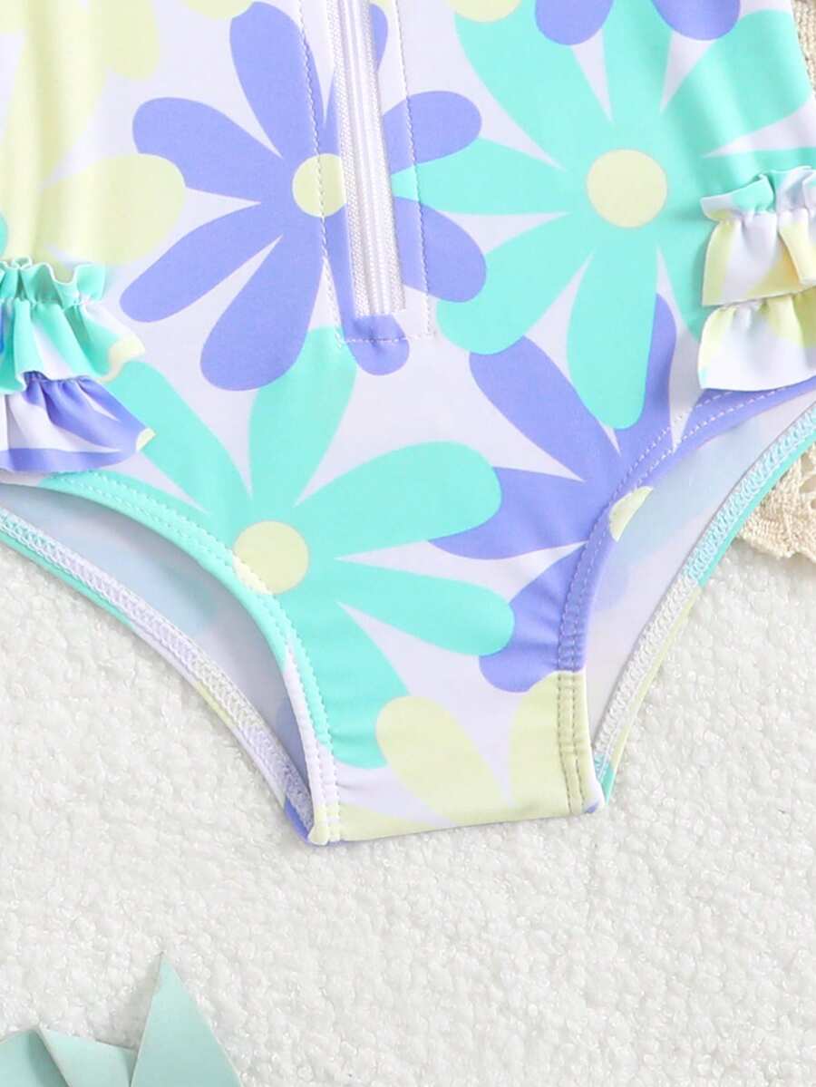 Baby Bow Print Long Sleeve One-Piece Swimsuit Set with Matching Swim Cap