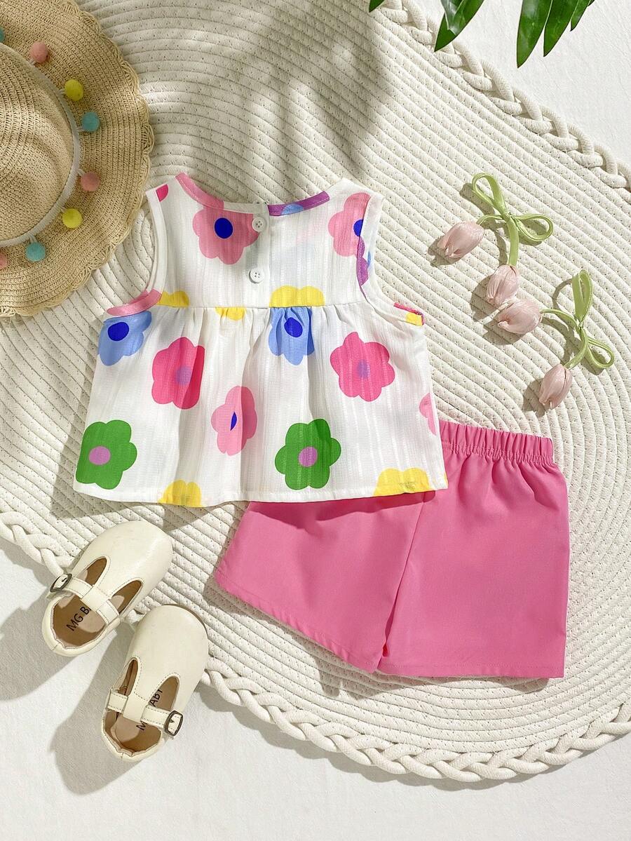 Cherry Print Sleeveless Top and Red Shorts Set for Baby Girls